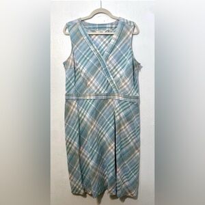 L.L.Bean linen/cotton blue/green/cream plaid sleeveless midi dress Size 20
